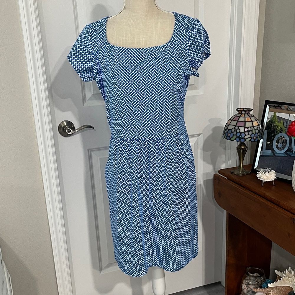 J. McLaughlin Emma Blue Geometric Drop Waist Sheath Dress w Pockets NWOT SZ M